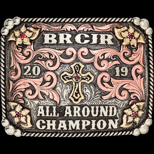 The Calico Custom Belt Buckle features a german silver base with beads and rope frame, copper scrollwork and bronze flowers. Customize this belt buckle now!

 German Silver base with a German Silver bead and rope edge.  Copper overlays with Jewelers Bro